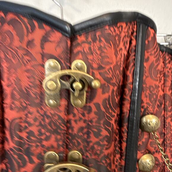 Red Black Jacquard Brocade Steampunk Over Bust Boned Corset Brass Chains Buttons - Picture 2 of 6